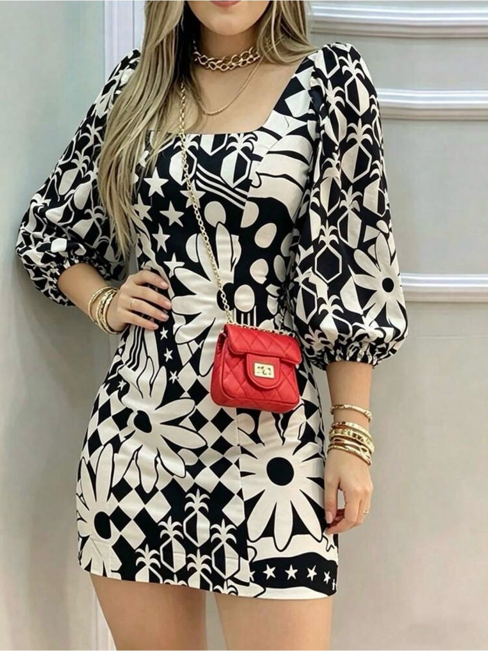 Women’s Black and White Floral Print Puff-Sleeve Mini Dress-New XL
